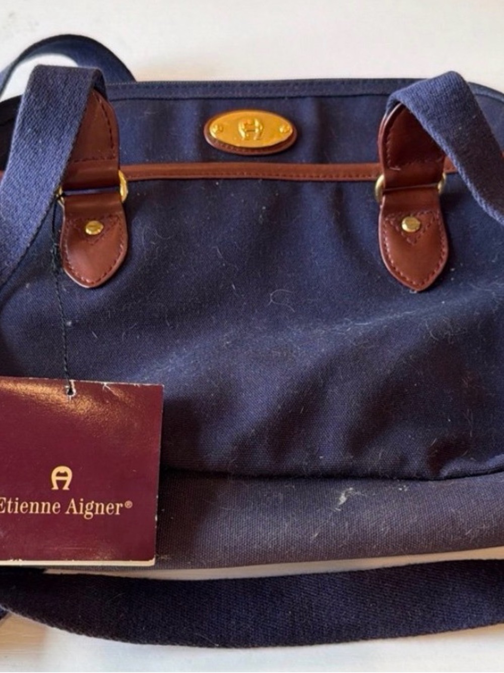 1980’s Etienne Aigner Navy Canvas Double Zipper Brown Leather Trim